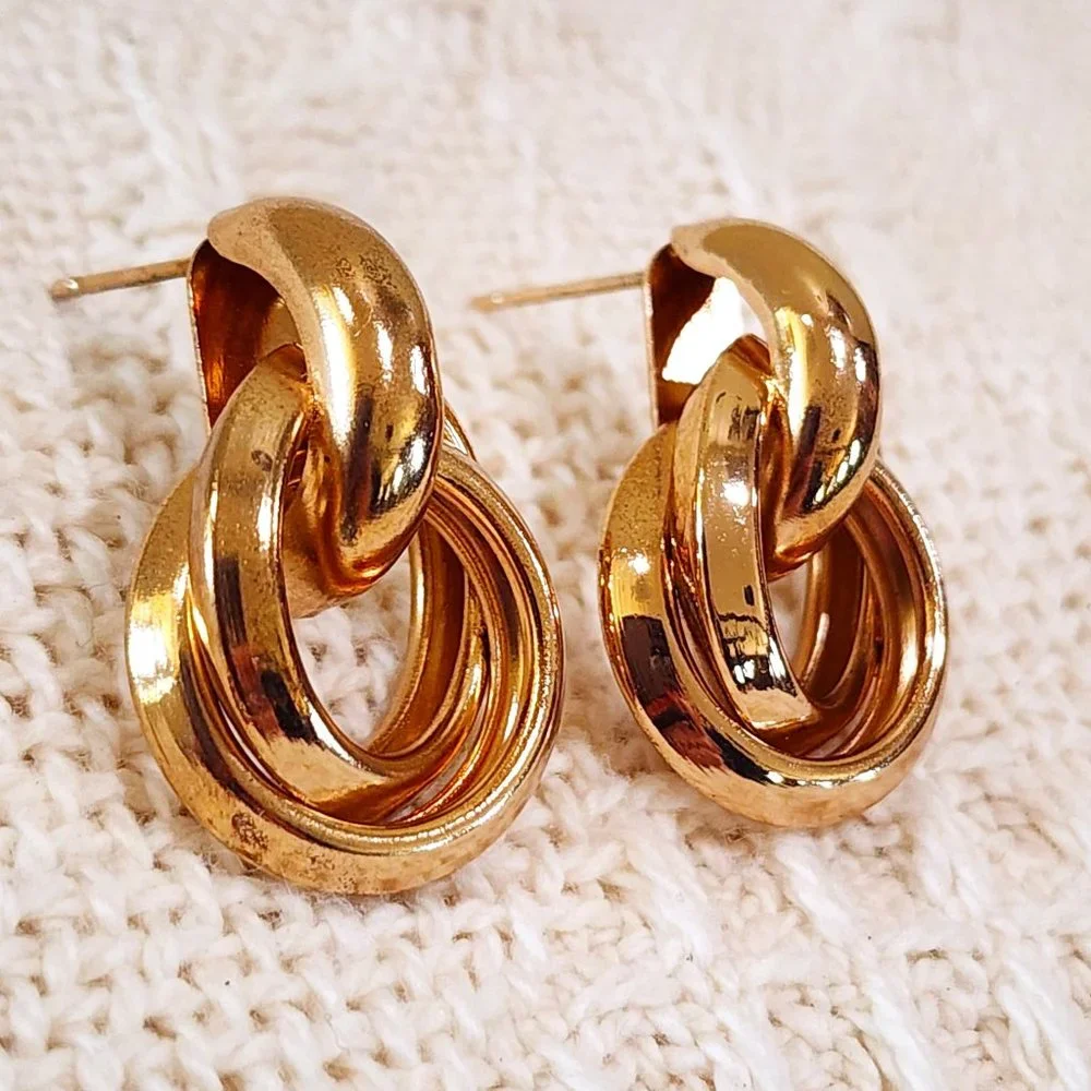 Gold Double Ring Knot Half Circle Stud Classy Office Pierced Earrings